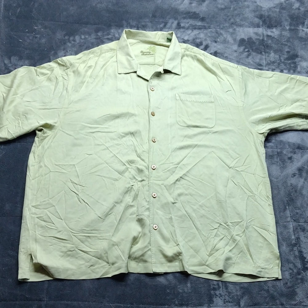 Tommy Bahama Silk Olive Button Up Shirt Sz XXL Aloha Camp Vacation Hawaii Casual